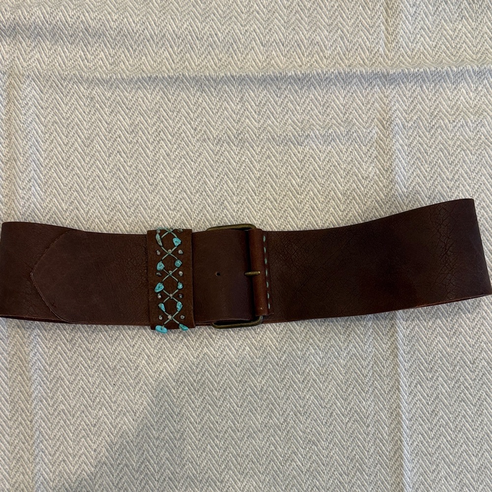 Garuglieri Women's Wide leather Brown Belt with Turquoise Accent